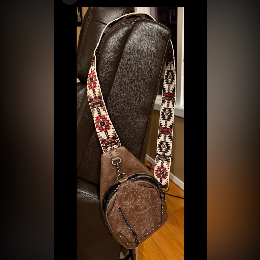 Sam and Hadley Brown Sling Bag w/ Guitar adjustable Left or Right Strap Embossed
